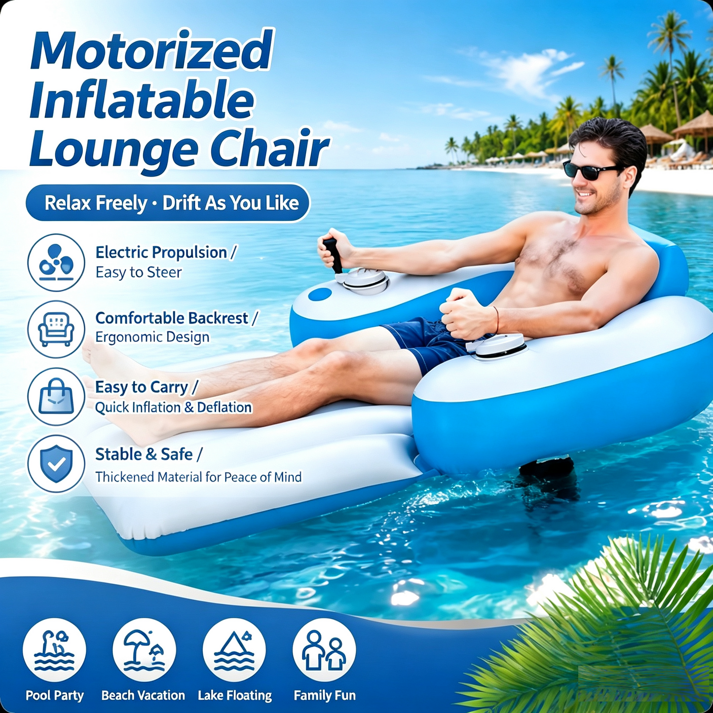 Motorized Inflatable Pool Lounger Chair - Electric Propulsion Water Float with 360° Steering Joystick